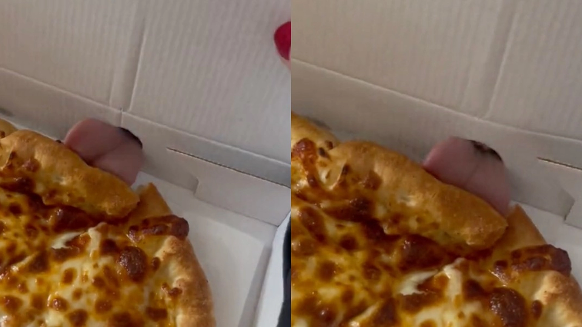 Paret åpner pizzaboksen og finner noe rosa som beveger seg inni