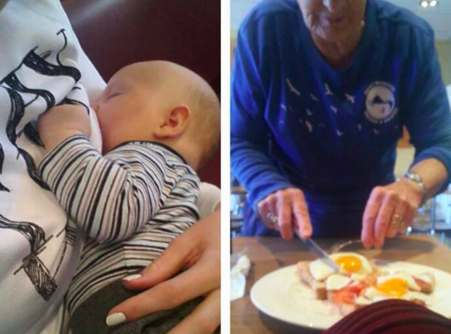 Hun setter seg for å amme på en restaurant, da en eldre kvinne kommer bort og tar bestikket hennes