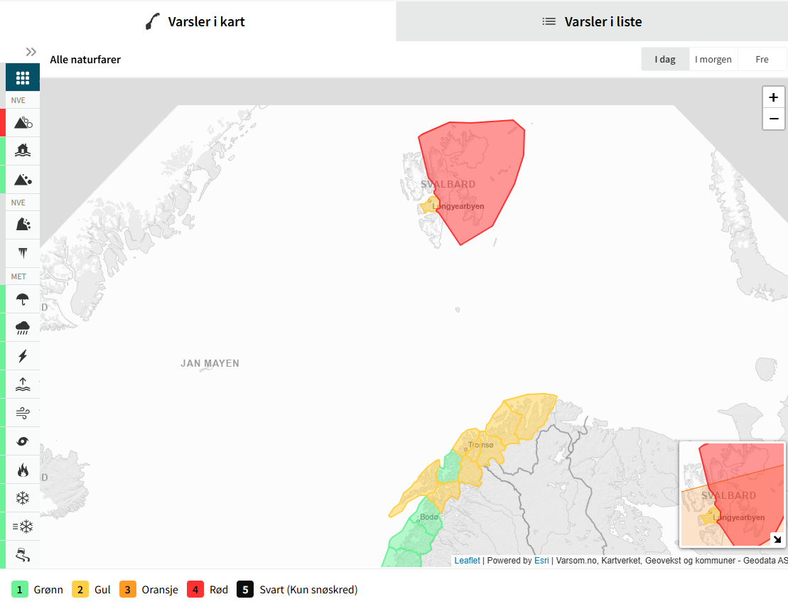 Farenivå 4 på Svalbard, og stans i T-banetrafikken onsdag morgen