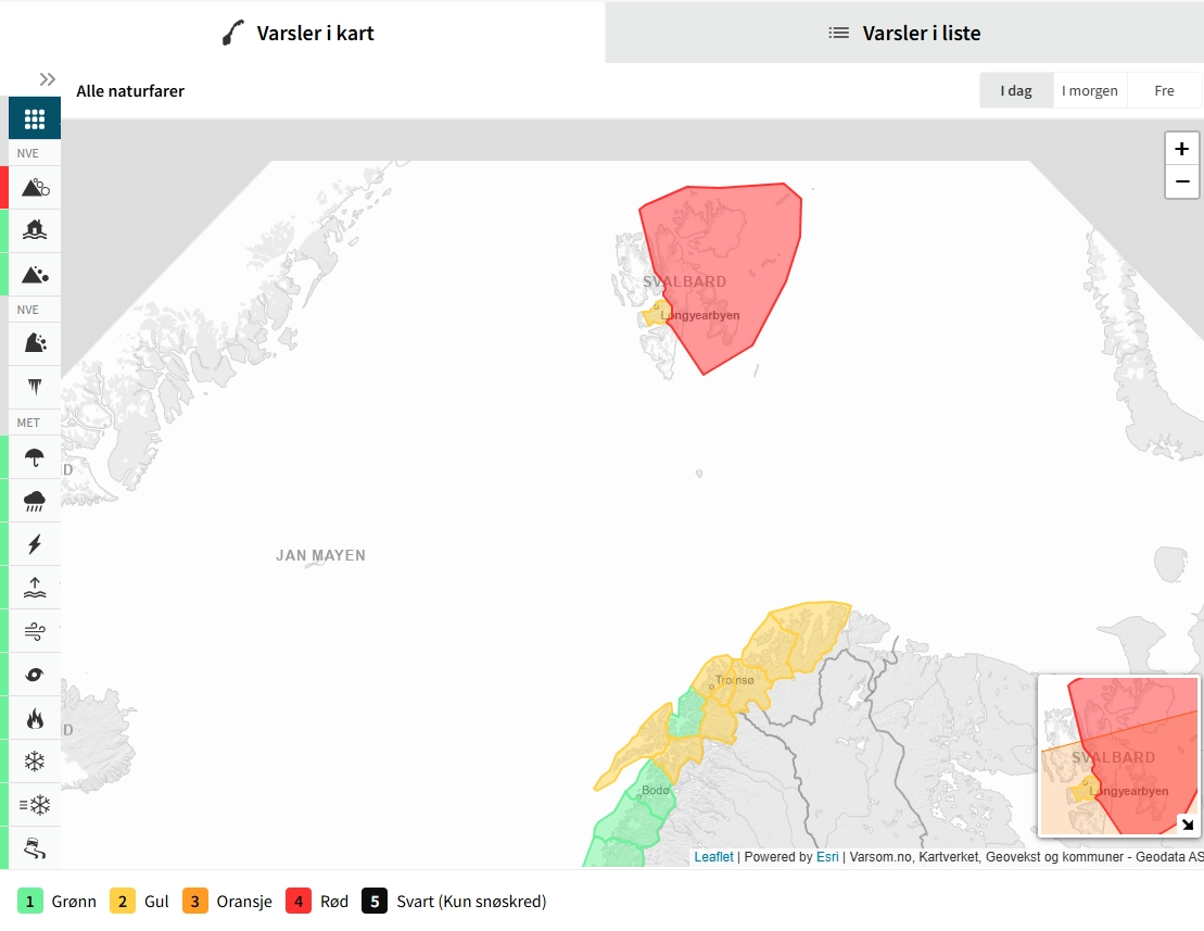 Farenivå 4 på Svalbard, og stans i T-banetrafikken onsdag morgen