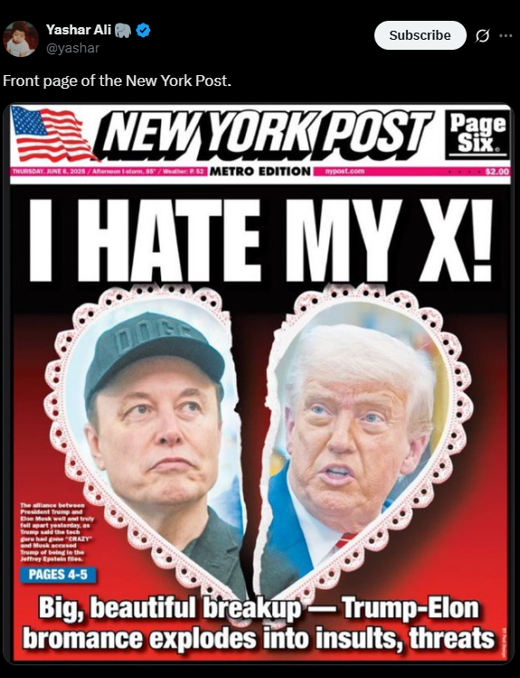 Trump og Musk i «kjærlighetsdrama» – avis smekker et knust hjerte på forsiden
