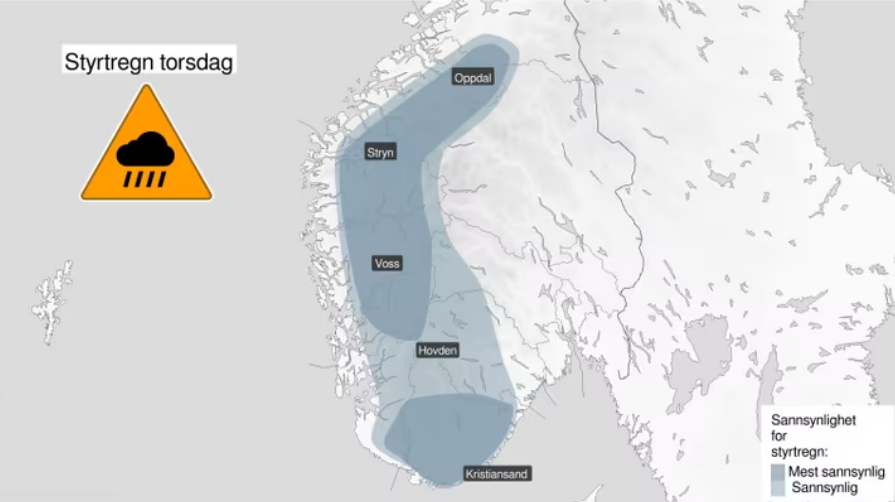 Oransje farevarsel for styrtregn i store deler av Sør-Norge
